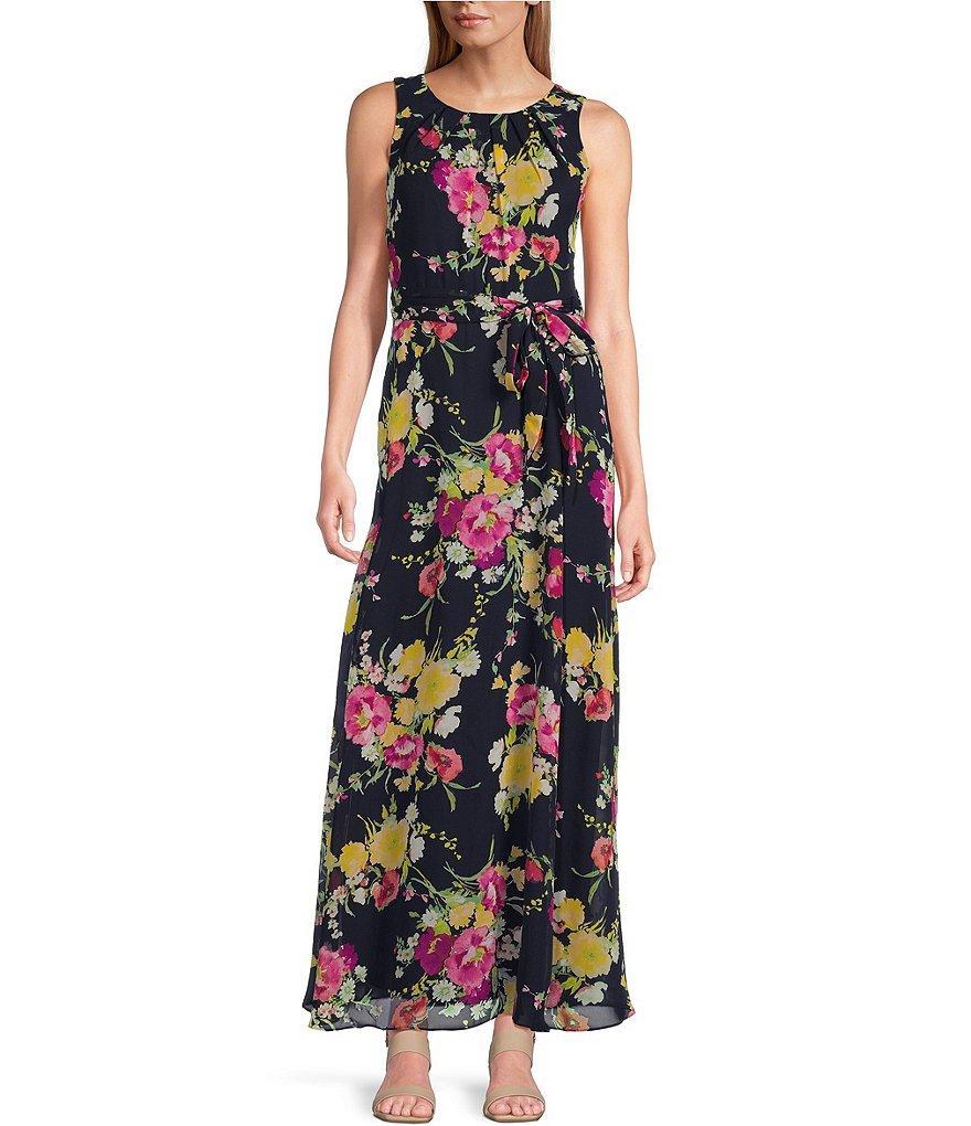 Leslie Fay Sleeveless Crew Neck Floral Chiffon Maxi A-Line Dress Product Image