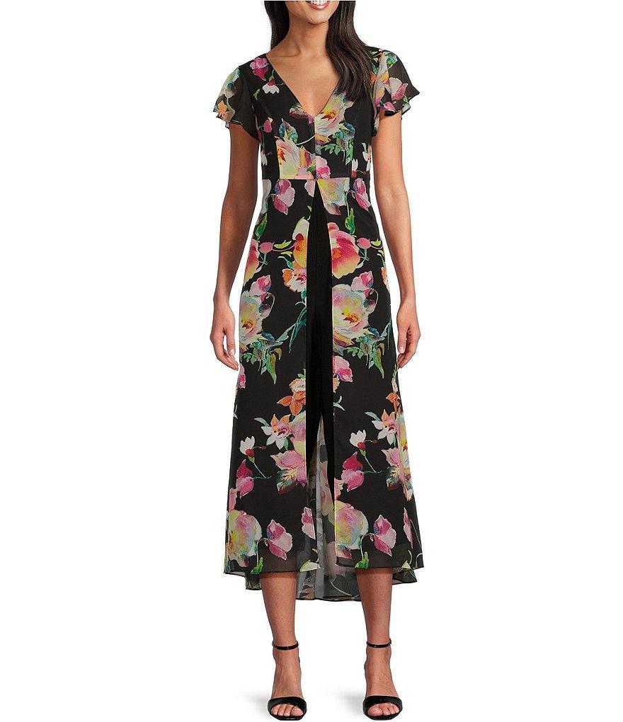 Adrianna Papell Floral Chiffon V-Neck Short Flutter Sleeve Walk Through Jumpsuit Product Image