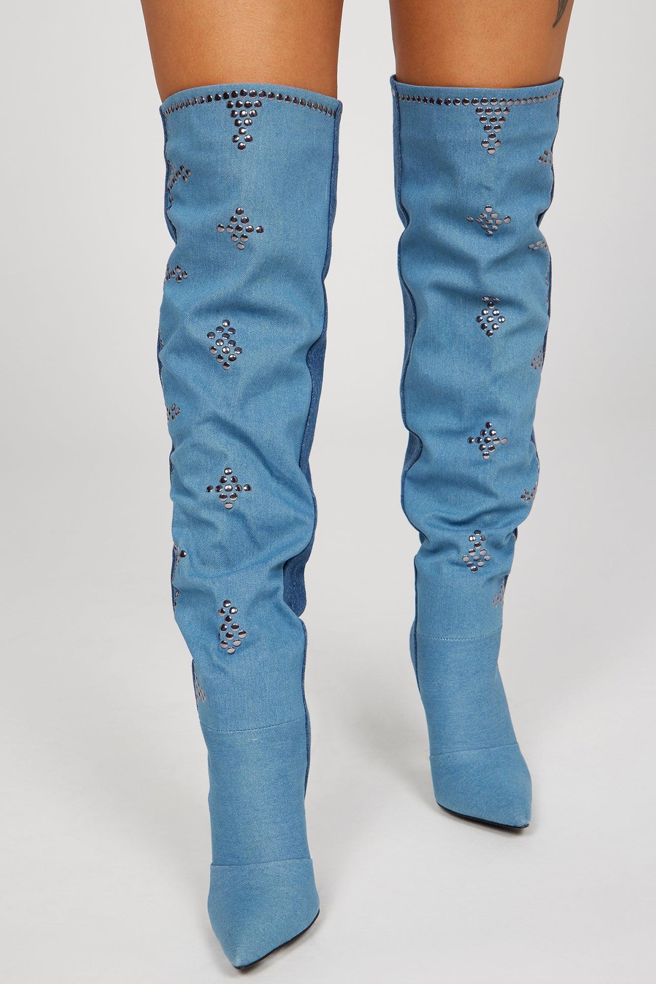 Came To Win Over The Knee Heeled Boots - Denim Product Image