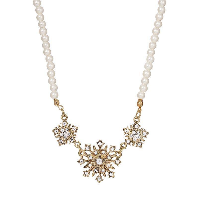 1928 Gold Tone Simulated Pearl & Crystal Starburst Necklace, Womens, Silver White Product Image