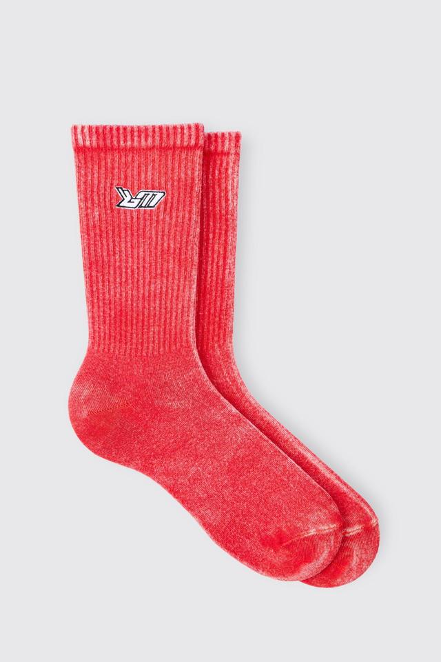 Acid Wash BM Embroidered Socks In Red | boohooMAN USA Product Image