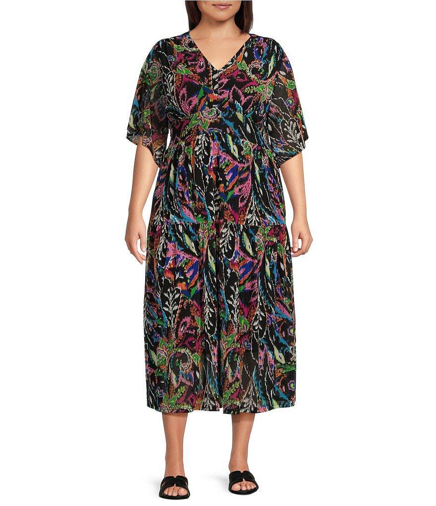 Calessa Plus Size Stretch Mesh Abstract Print V-Neck Short Flutter Sleeve Tiered Hem Midi Dress Product Image