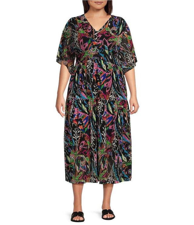 Calessa Plus Size Stretch Mesh Abstract Print V-Neck Short Flutter Sleeve Tiered Hem Midi Dress Product Image