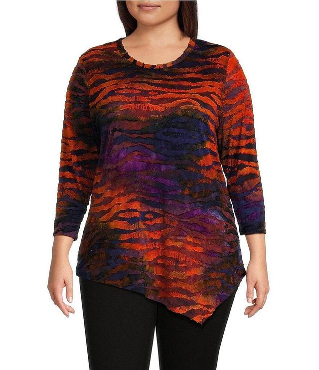 Calessa Plus Size Burnout Tie Dye Print Crew Neck Long Sleeve Asymmetric Top Product Image