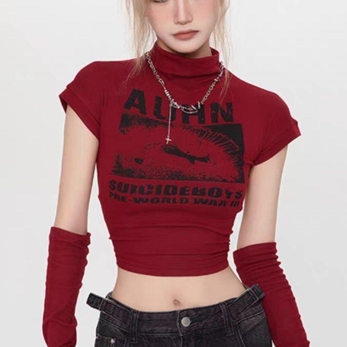 Short Sleeve Mock Neck Graphic Print Slim-Fit Crop T-Shirt with Arm Sleeves Product Image