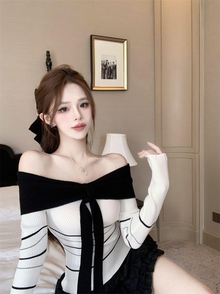 Long-Sleeve Off-Shoulder Striped Bow Accent Slim Fit Knit Top Product Image