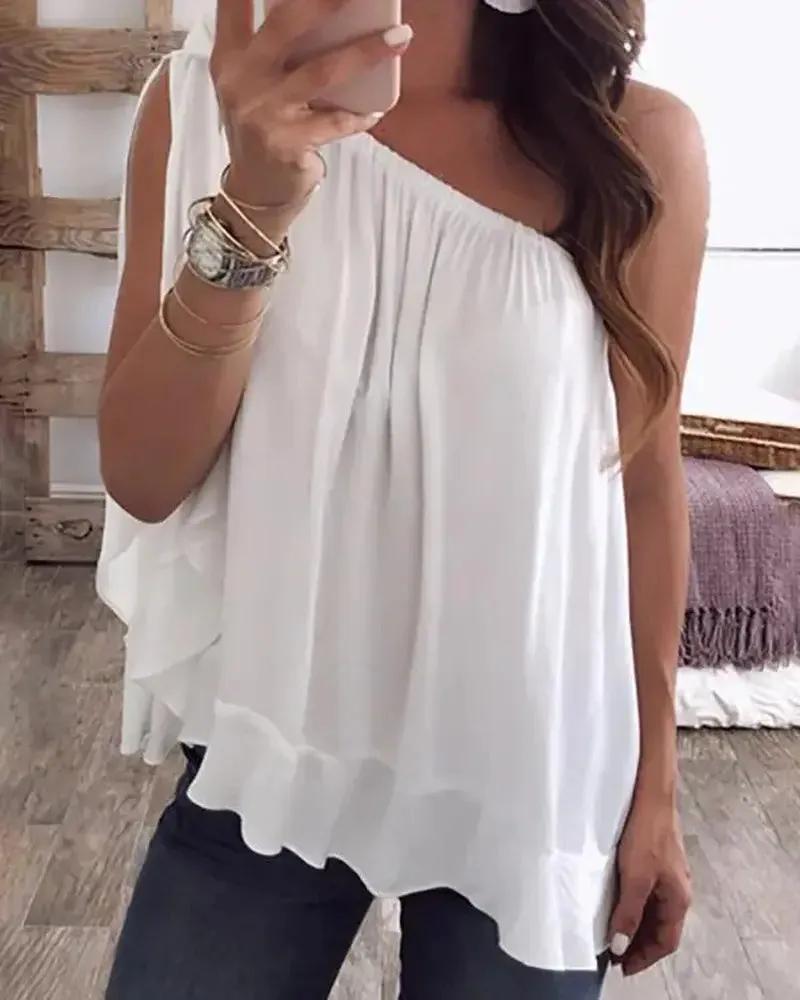 Olivia Mark – One Shoulder Tied Ruffle Hem Loose Blouse Product Image