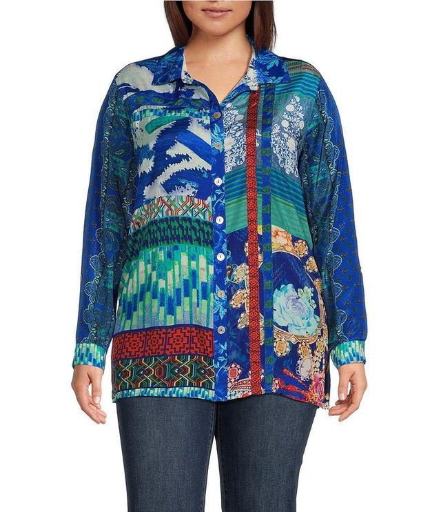 John Mark Plus Size Woven Printed Point Collar Long Roll-Tab Sleeve Button Front Tunic Product Image