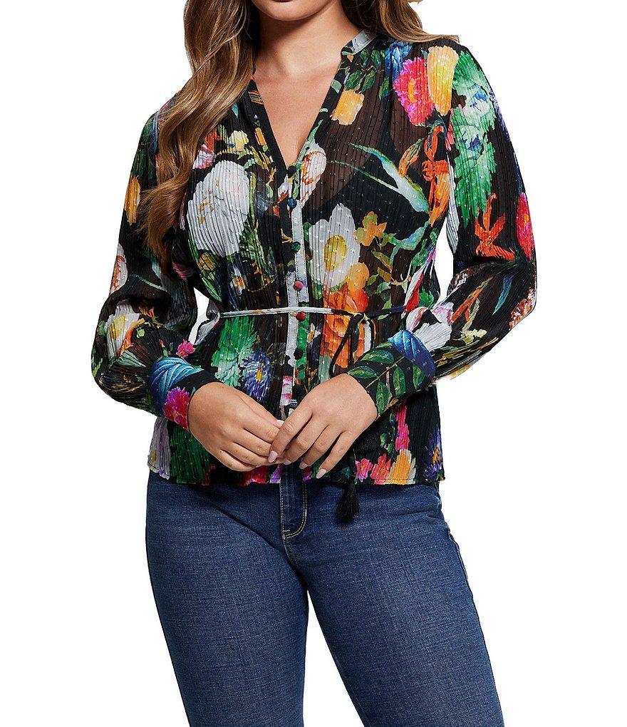 Guess Lisette Long Sleeve Floral/Clip-Dot Abstract Print Jacquard Top product image