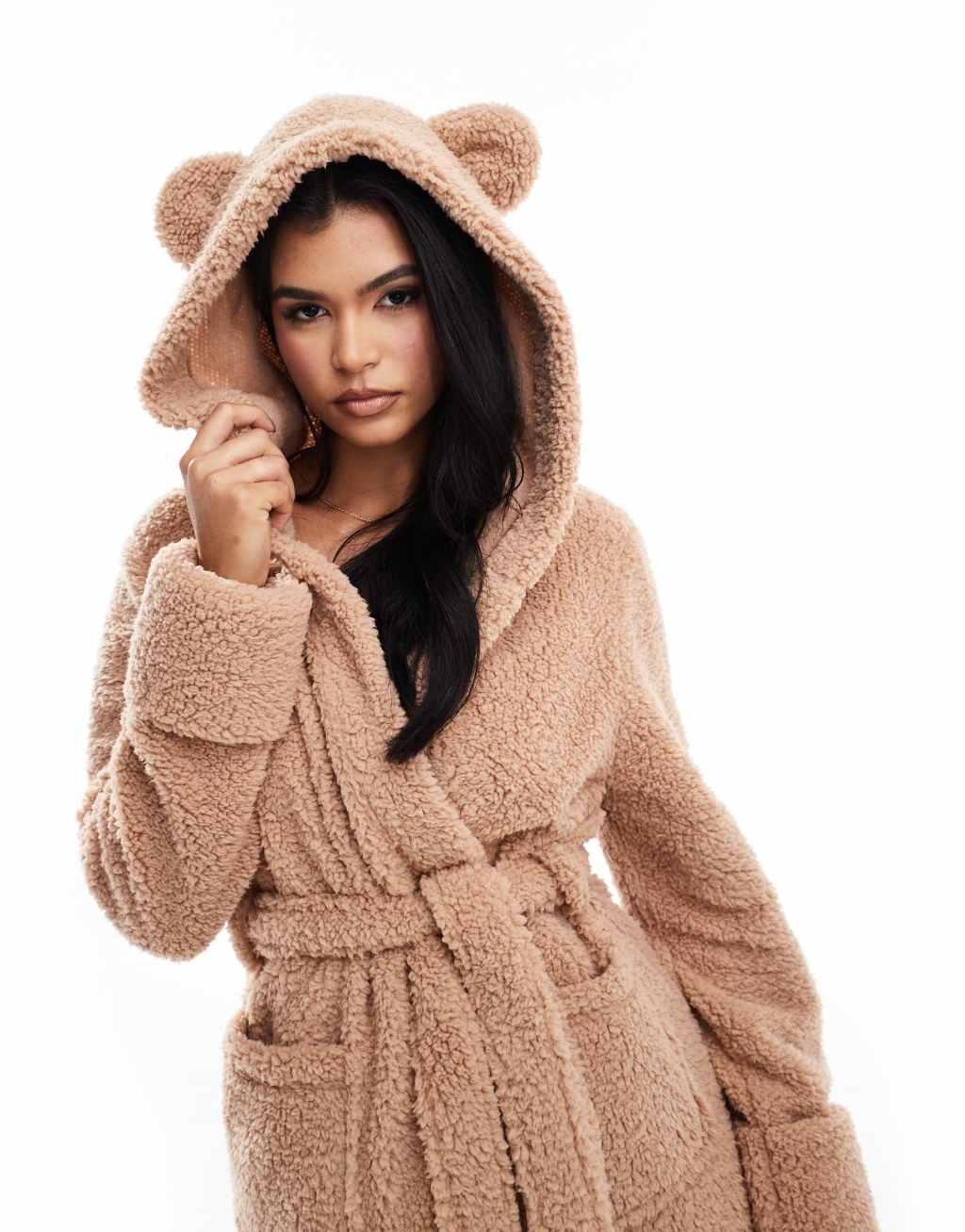 ASOS DESIGN super soft teddy ear robe in brown Product Image