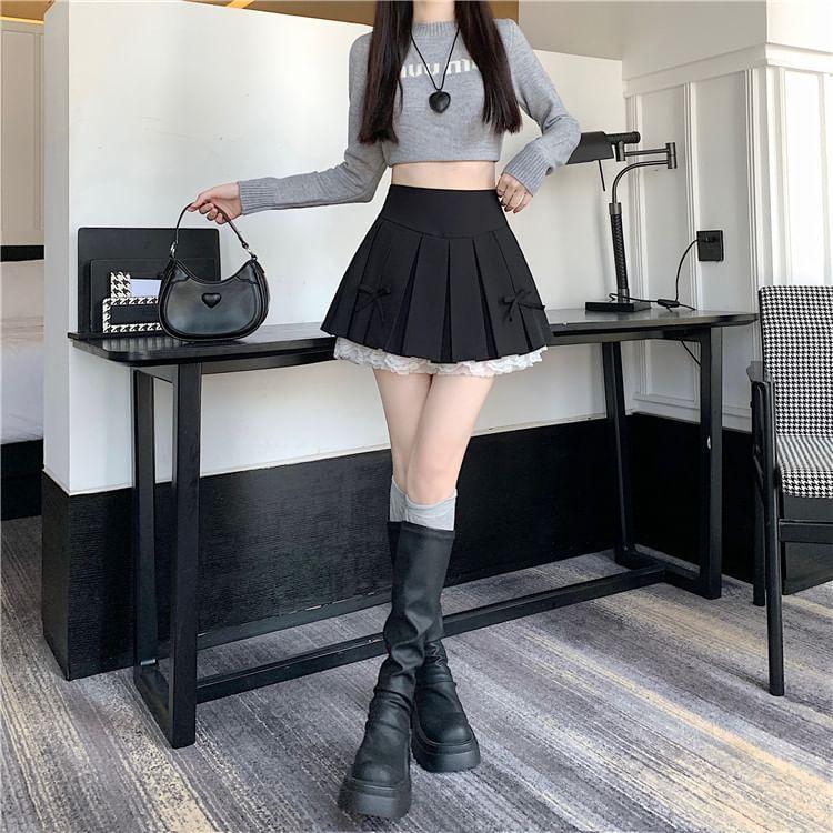 High Waist Plain Bow Lace Trim Pleated Mini A-Line Skirt Product Image