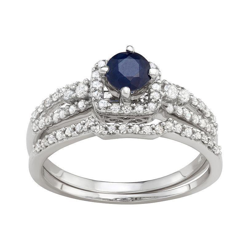 10k White Gold 1/2 Carat T.W. Diamond & Sapphire Engagement Ring Set, Womens Blue Product Image