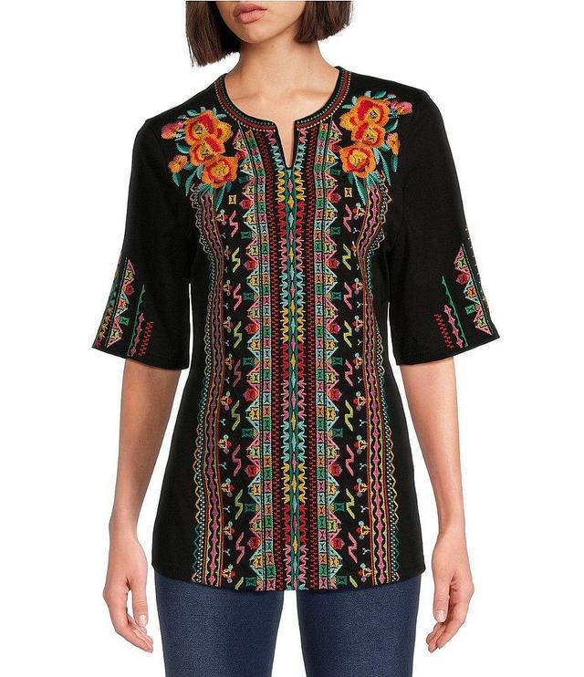 Calessa Embroidered Patchwork Split Round Neck Short Sleeve Tunic Product Image