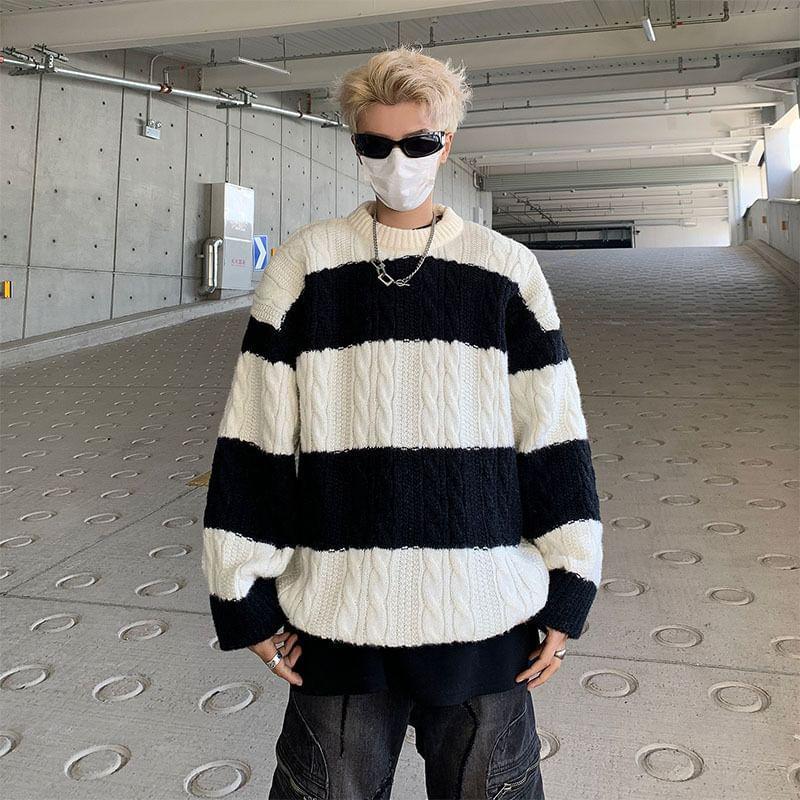 Crew Neck Drop Shoulder Striped Oversized Sweater product image