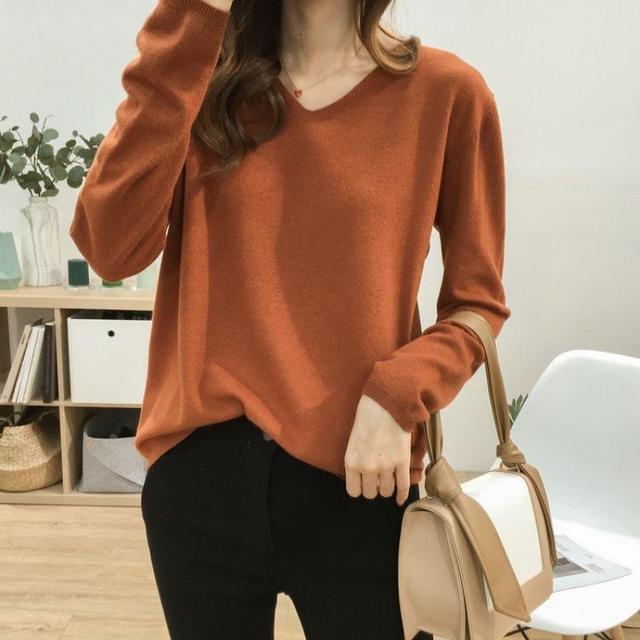 Long-Sleeve V-Neck Plain Knit Top Product Image