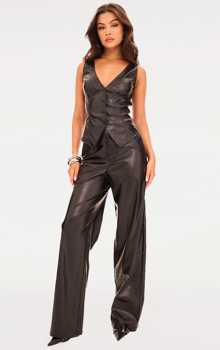 Black Faux Leather Mid Rise Wide Leg Pants product image