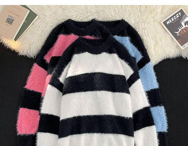 Crew Neck Striped Fluffy Oversized Sweater Product Image