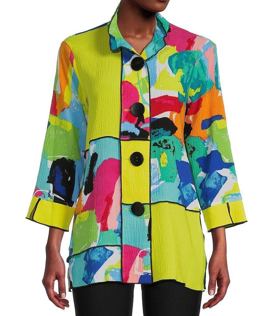 Ali Miles Woven Patchwork Print Wire Collar 3/4 Sleeve Button-Front Tunic Product Image