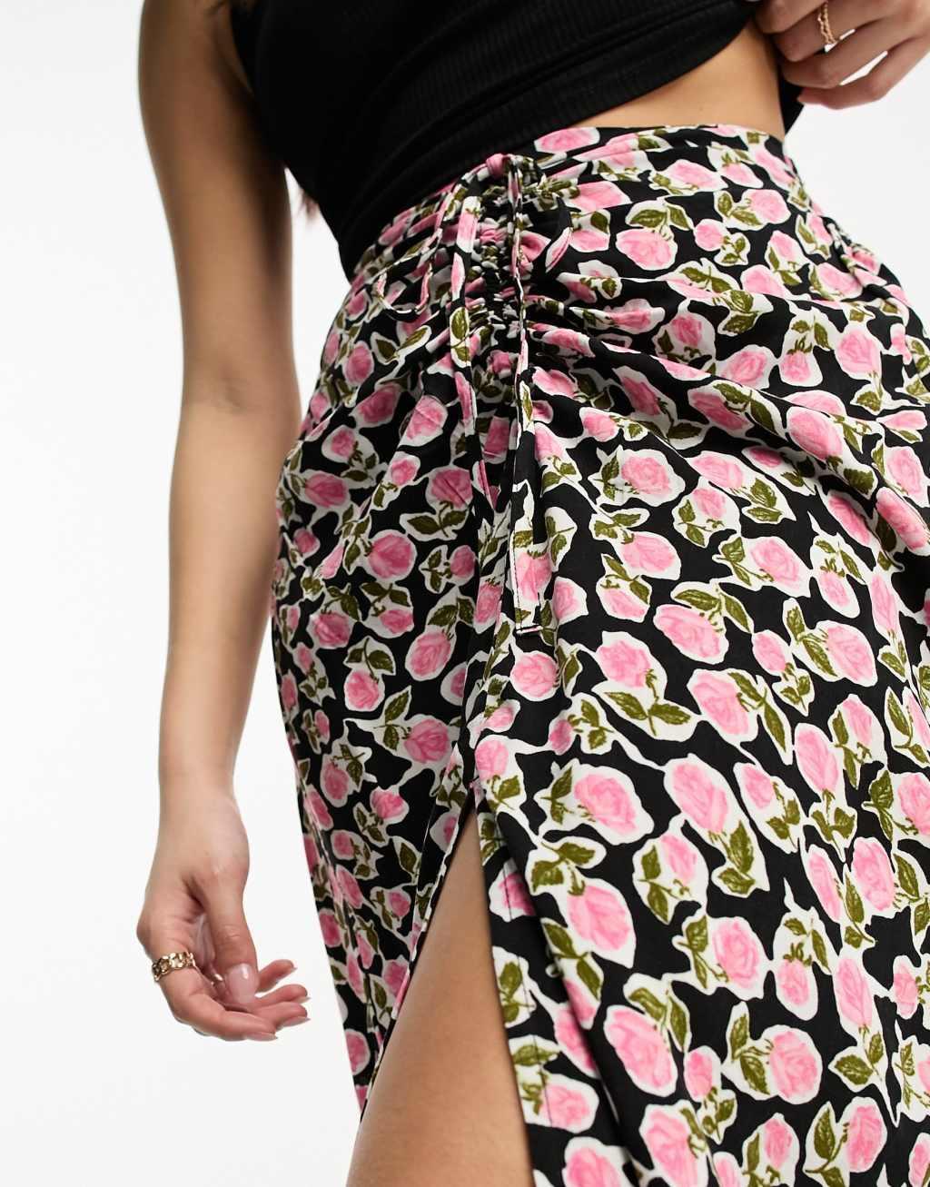 Miss Selfridge Petite ruched front midi skirt in black rose  Product Image