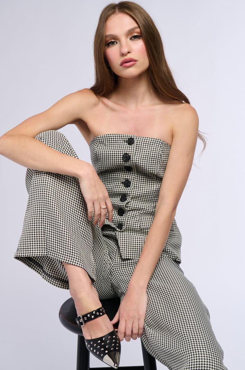 BUSINESS CASUAL HOUNDSTOOTH BUTTON DOWN TUBE BLOUSE Product Image