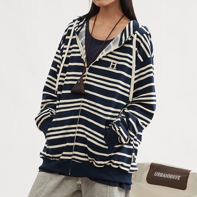 Drop Shoulder Striped Zip Up Hoodie Product Image