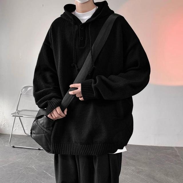 Henley Plain Hooded Oversized Sweater Product Image