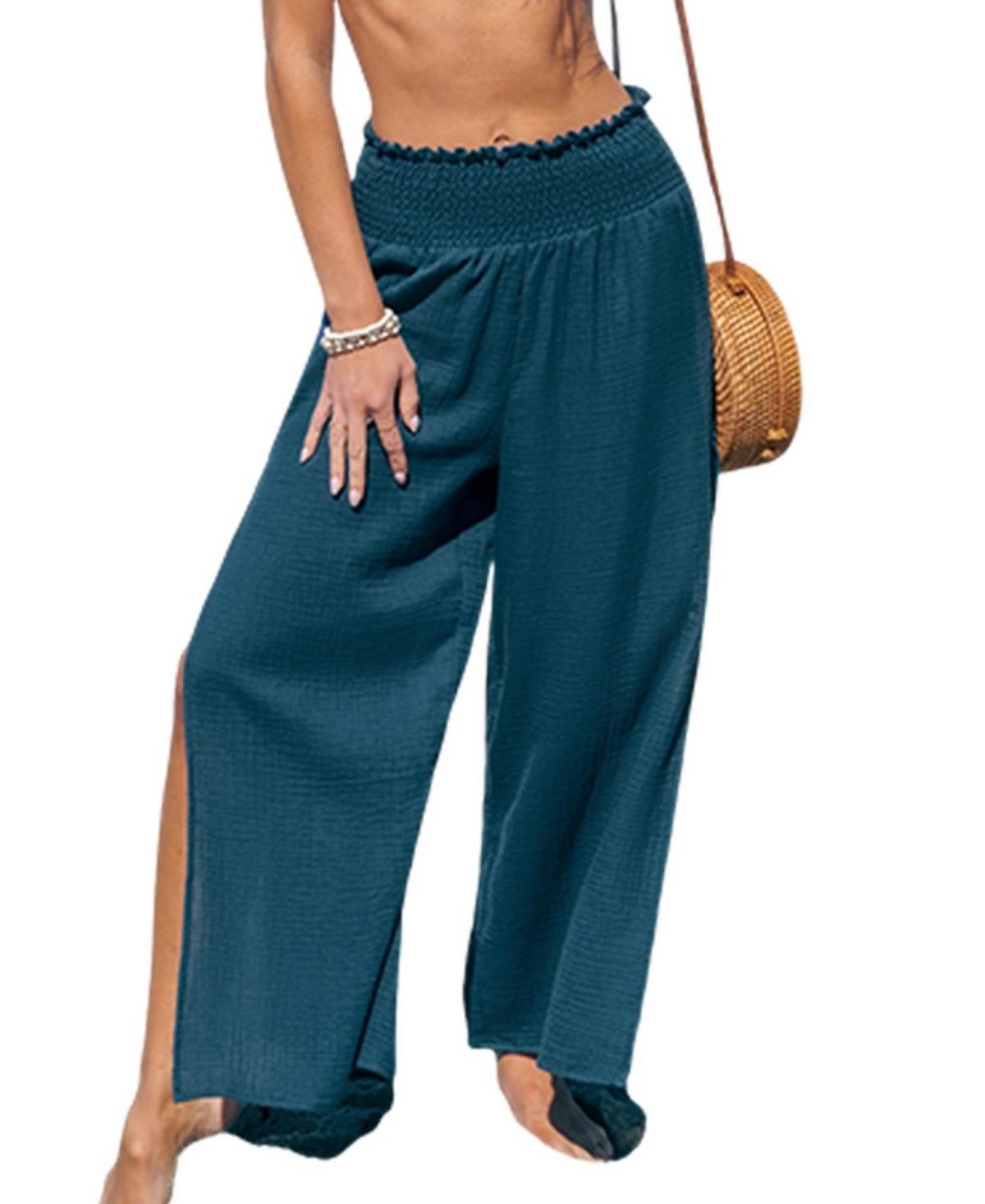 Cupshe Womens Blue Smocked Waist Straight Leg Split Seam Pants Product Image