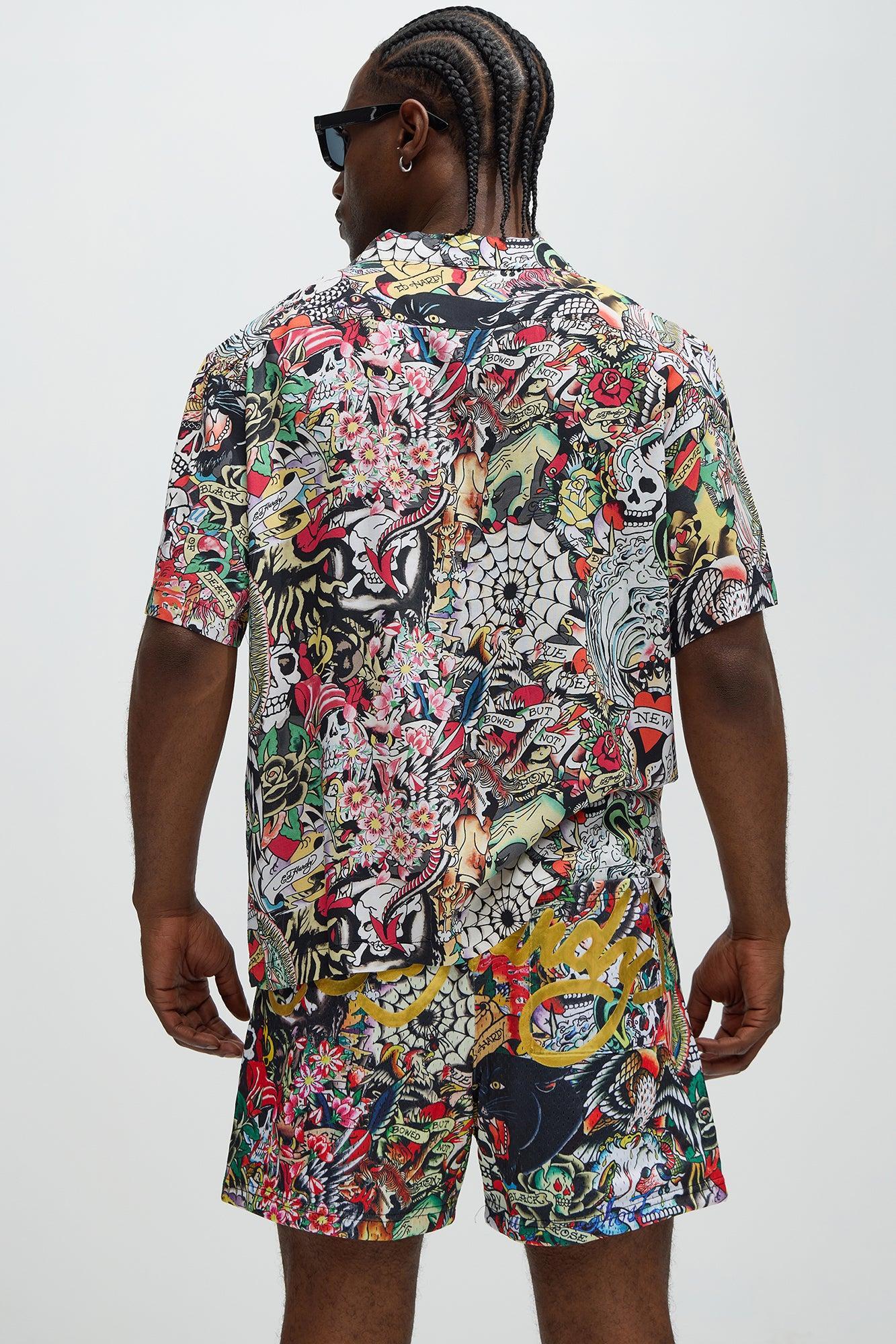 Ed Hardy Tattoo Collage Camp Shirt - Multi Color Product Image