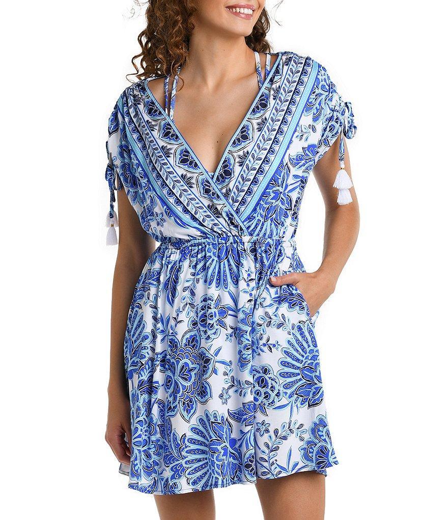 La Blanca Beyond The Pacific Floral Printed V-Neck Drawstring Shoulder Dress Swim Cover-Up Product Image