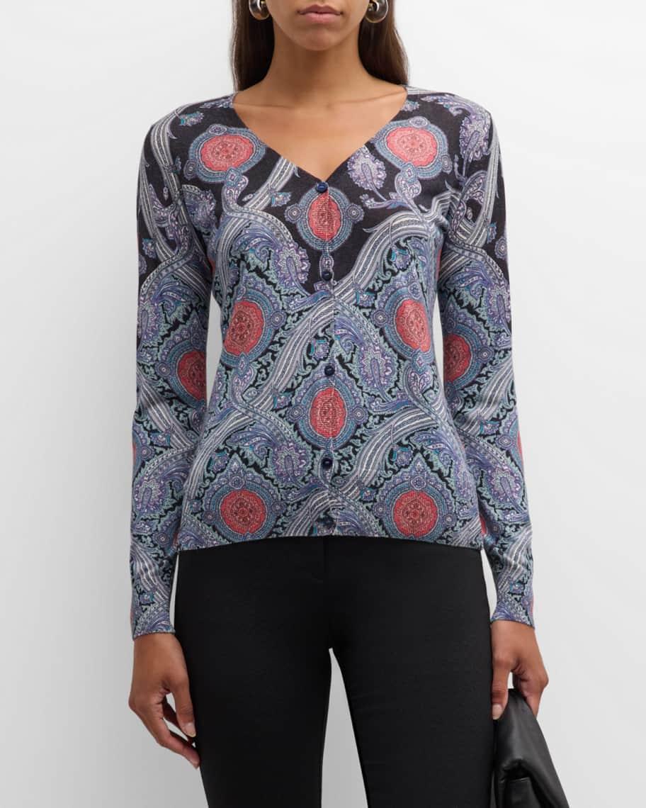 V-Neck Medallion Print Silk-Cashmere Cardigan Product Image