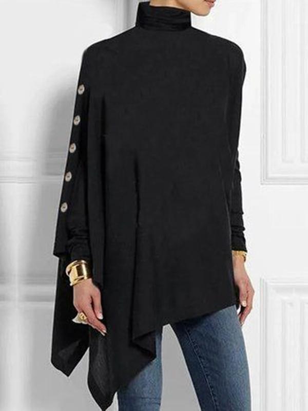 Long Sleeves Loose Asymmetric Buttoned Split-Joint High Neck T-Shirts Product Image