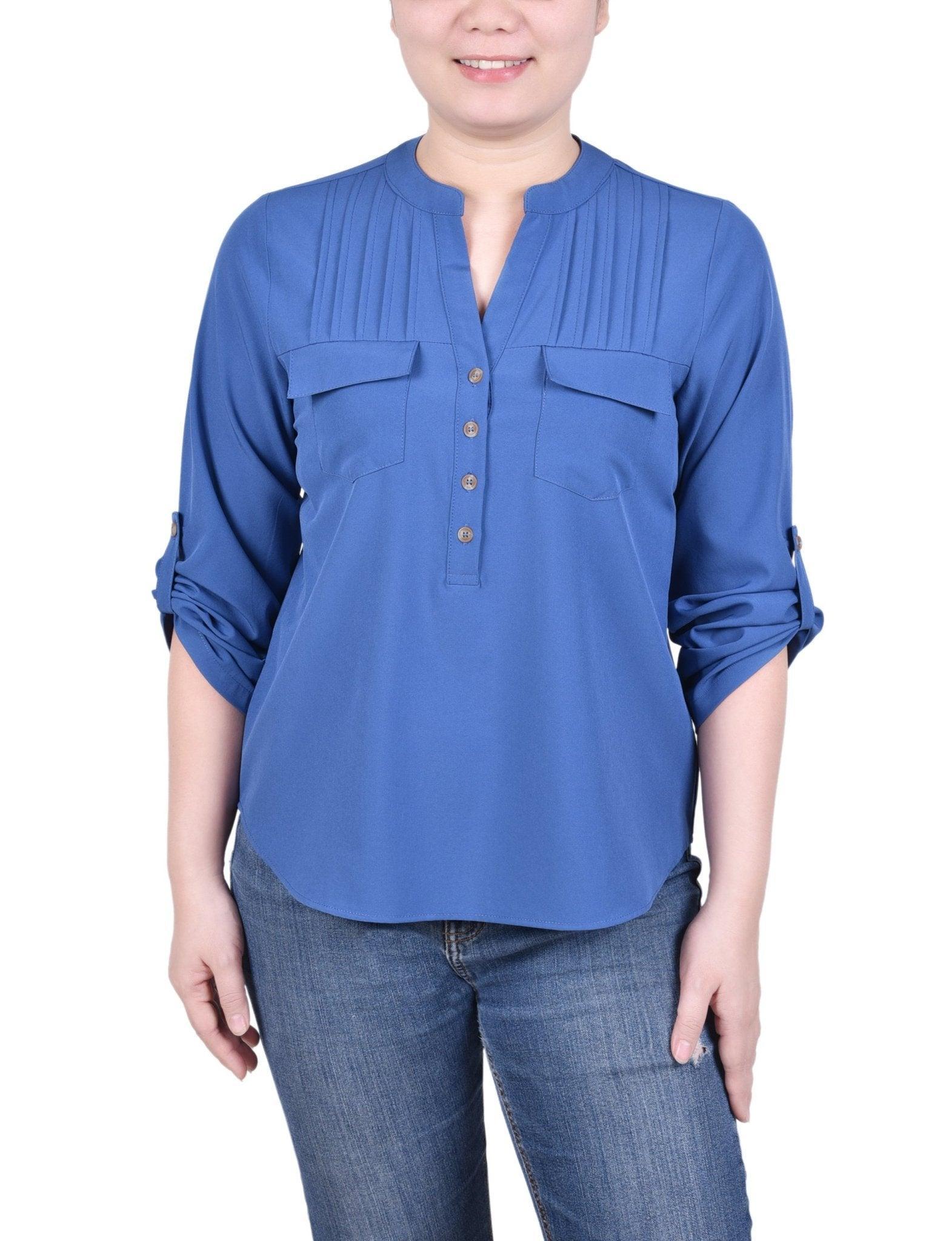 Long Tab-Sleeve Blouse With Pockets - Petite Product Image