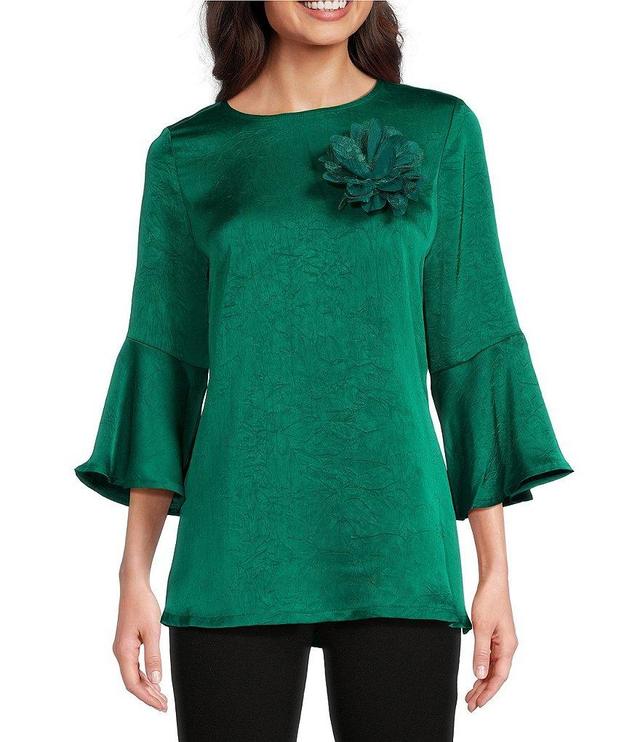 Calessa Satin Flower Applique Round Neck 3/4 Sleeve Top Product Image