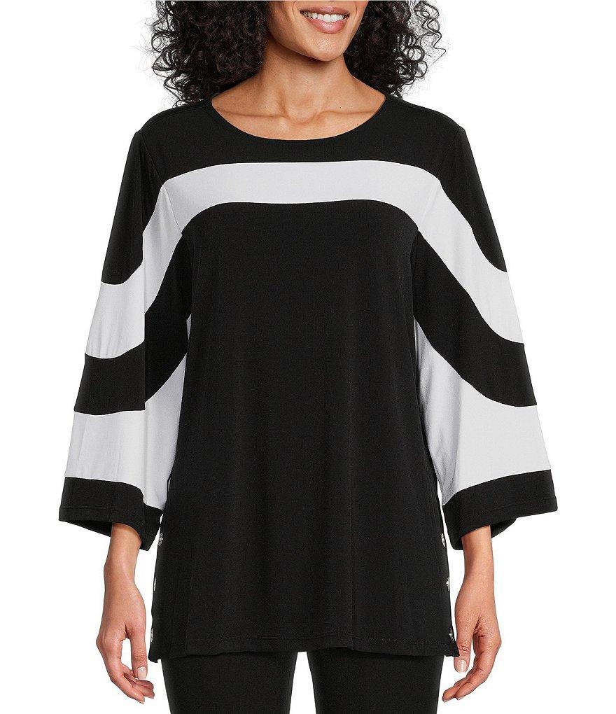 Multiples Petite Size Colorblock Knit Scoop neck 3/4 Sleeve Side Button Hem Details Top Product Image