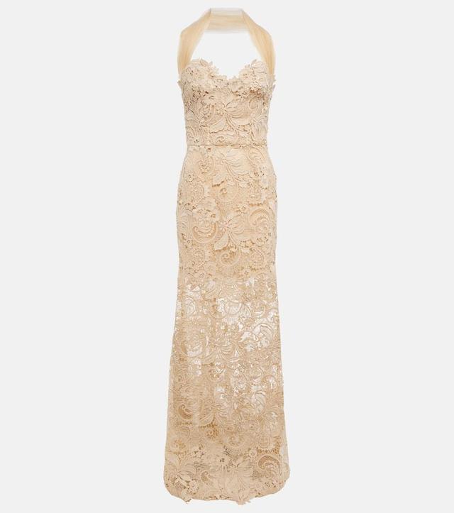 Off-shoulder Lace Gown With Draped Tulle Detail In Alabaster Product Image