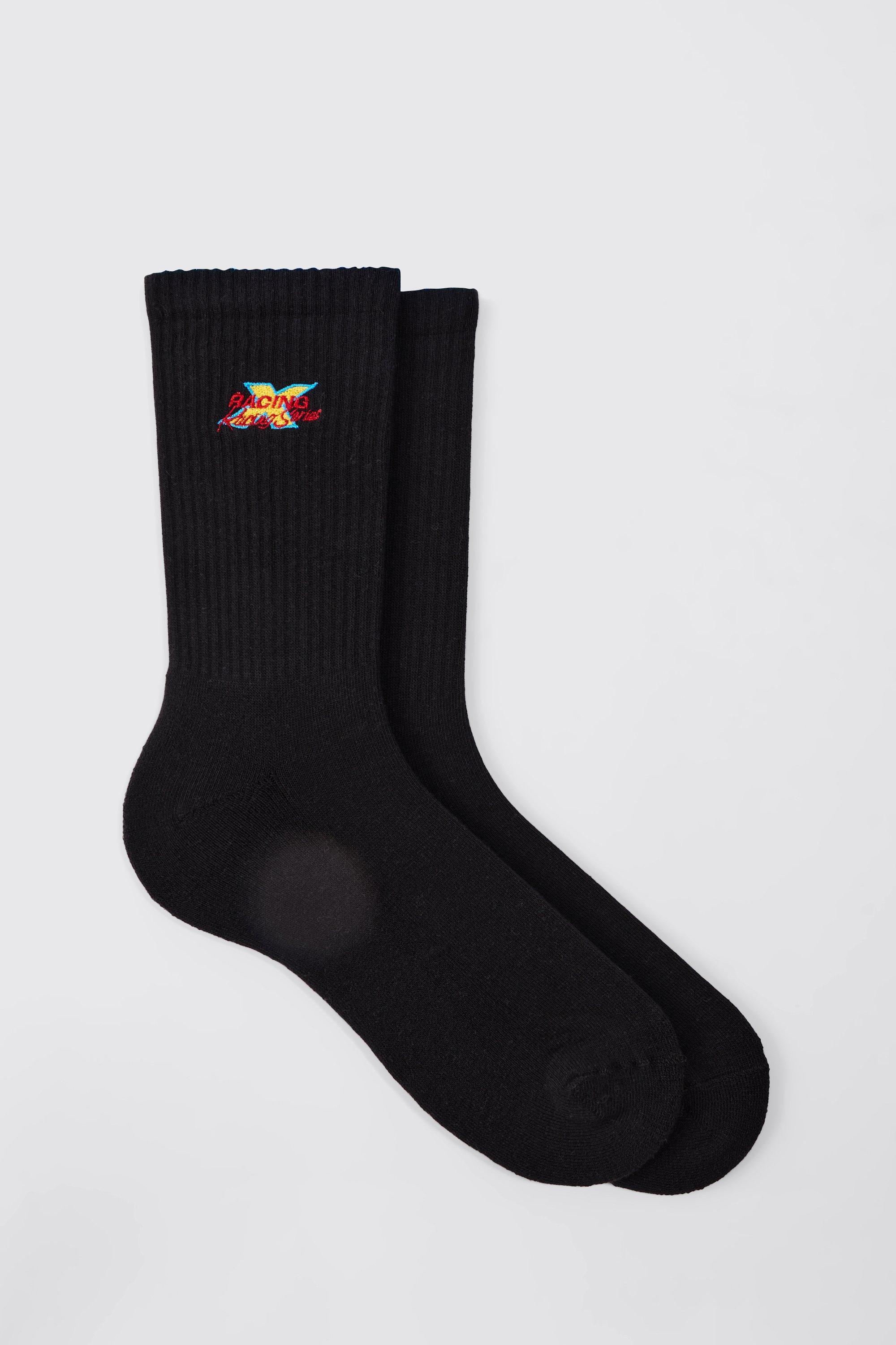 Mens Black Moto Racing Series Embroidered Socks, Black Product Image