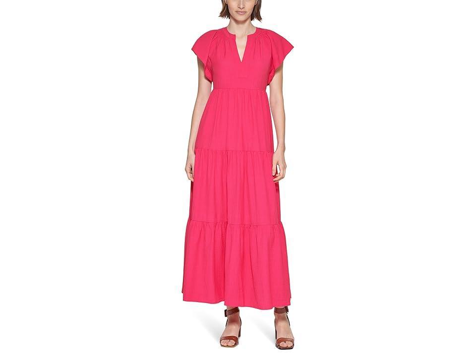 Calvin Klein Flutter Sleeve Gauze Midi Dress (Lipstick) Women's Dress Product Image