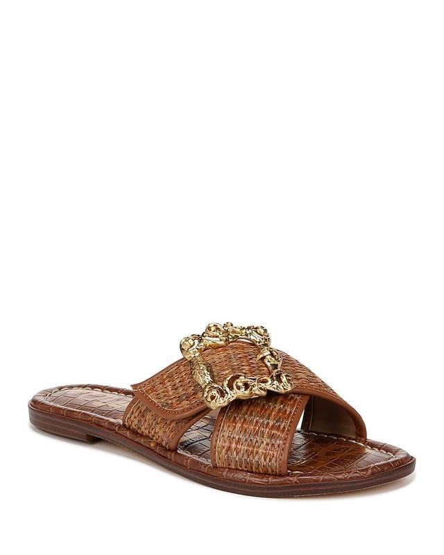 Sam Edelman Gracyn Raffia Embellished Buckle Detail Crisscross Flat Slide Sandals Product Image