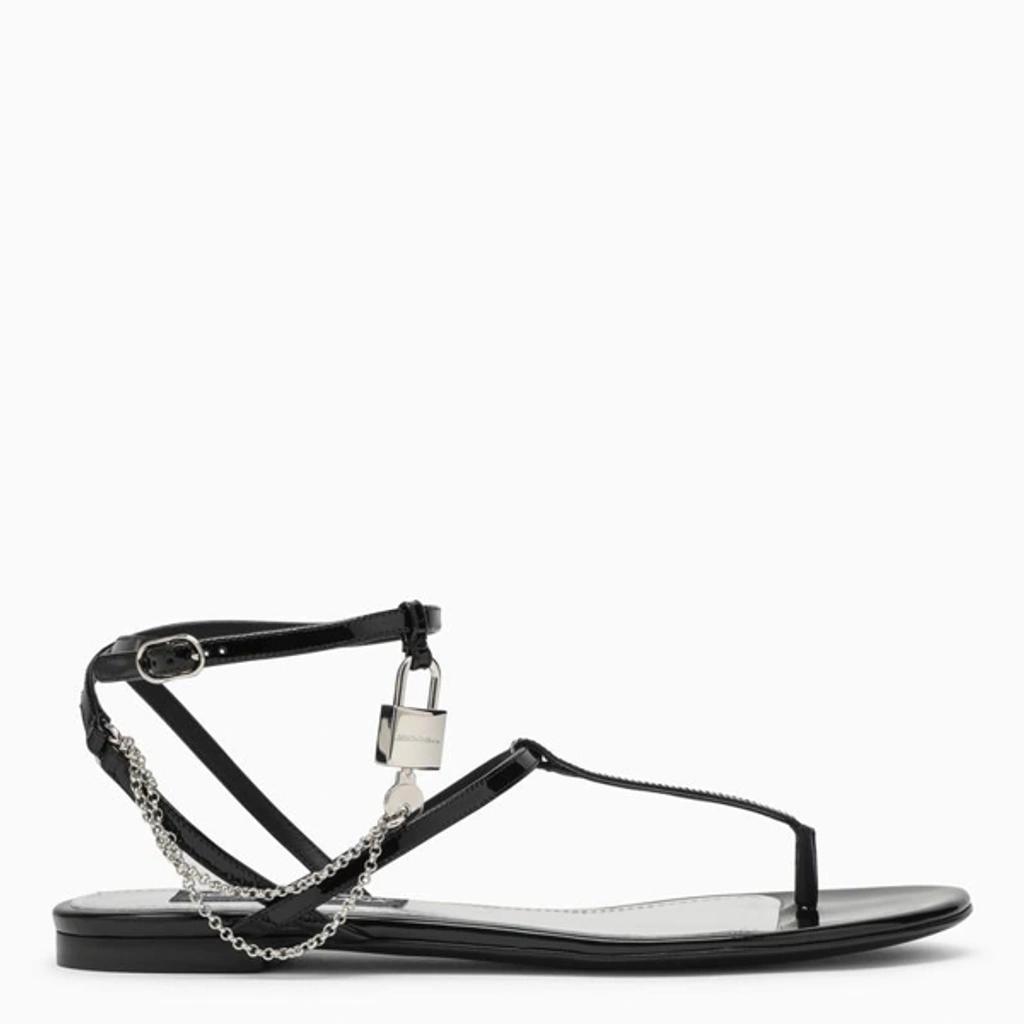 DOLCE & GABBANA Black Patent Leather Thong Sandals With Padlock For Women Product Image