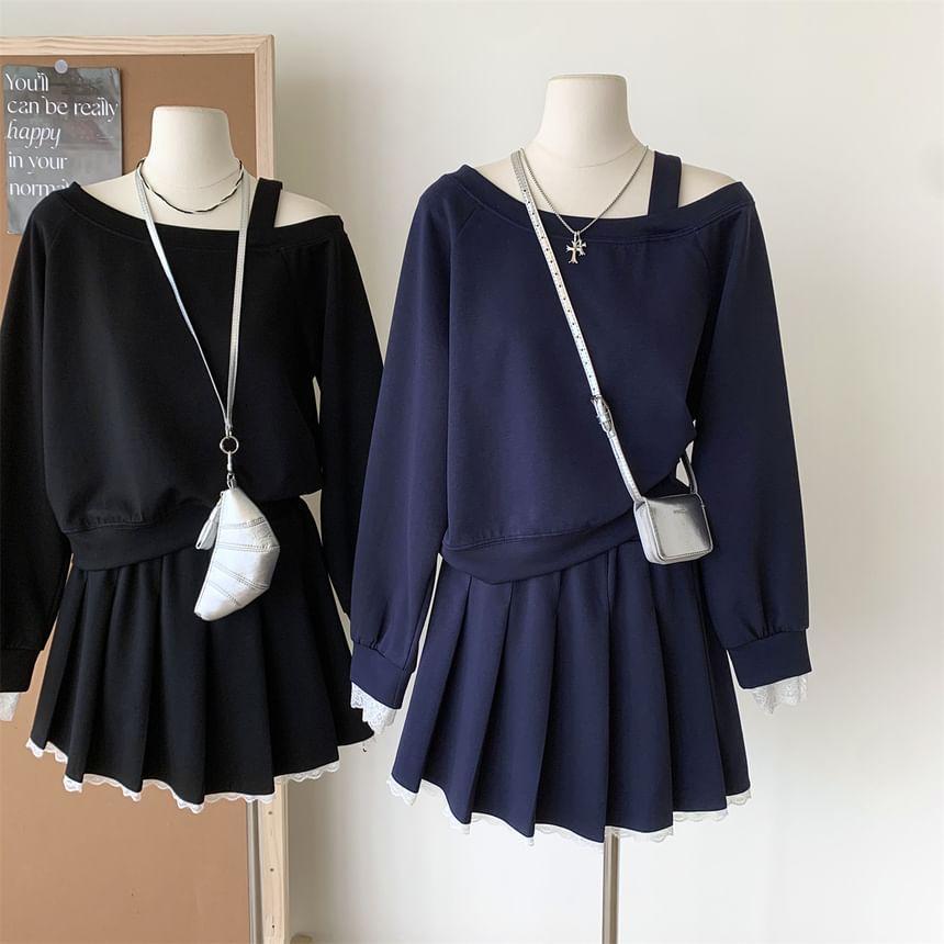 Set: Cold Shoulder Mock Two Piece Sweatshirt + Mid Rise Plain Mini Pleated Skirt Product Image