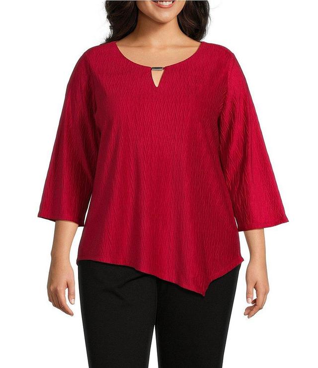 Allison Daley Plus Size 3/4 Sleeve Keyhole Neck Asymmetric Hem Knit Top Product Image