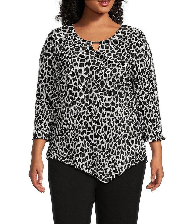 Allison Daley Plus Size 3/4 Sleeve Keyhole Neck Asymmetric Hem Pleated Knit Top Product Image