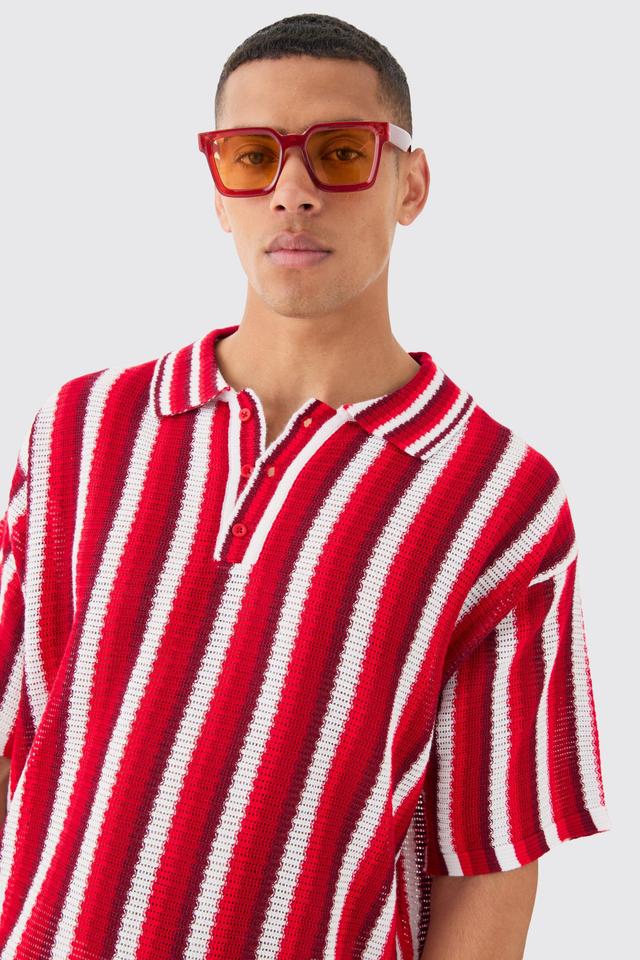 Oversized Boxy Open Stitch Stripe Knit Polo | boohooMAN USA Product Image