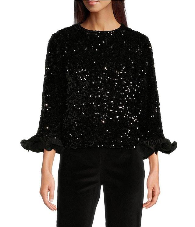 FRANCES VALENTINE Plaza Sequin Round Neck 3/4 Ruffle Sleeve Top Product Image