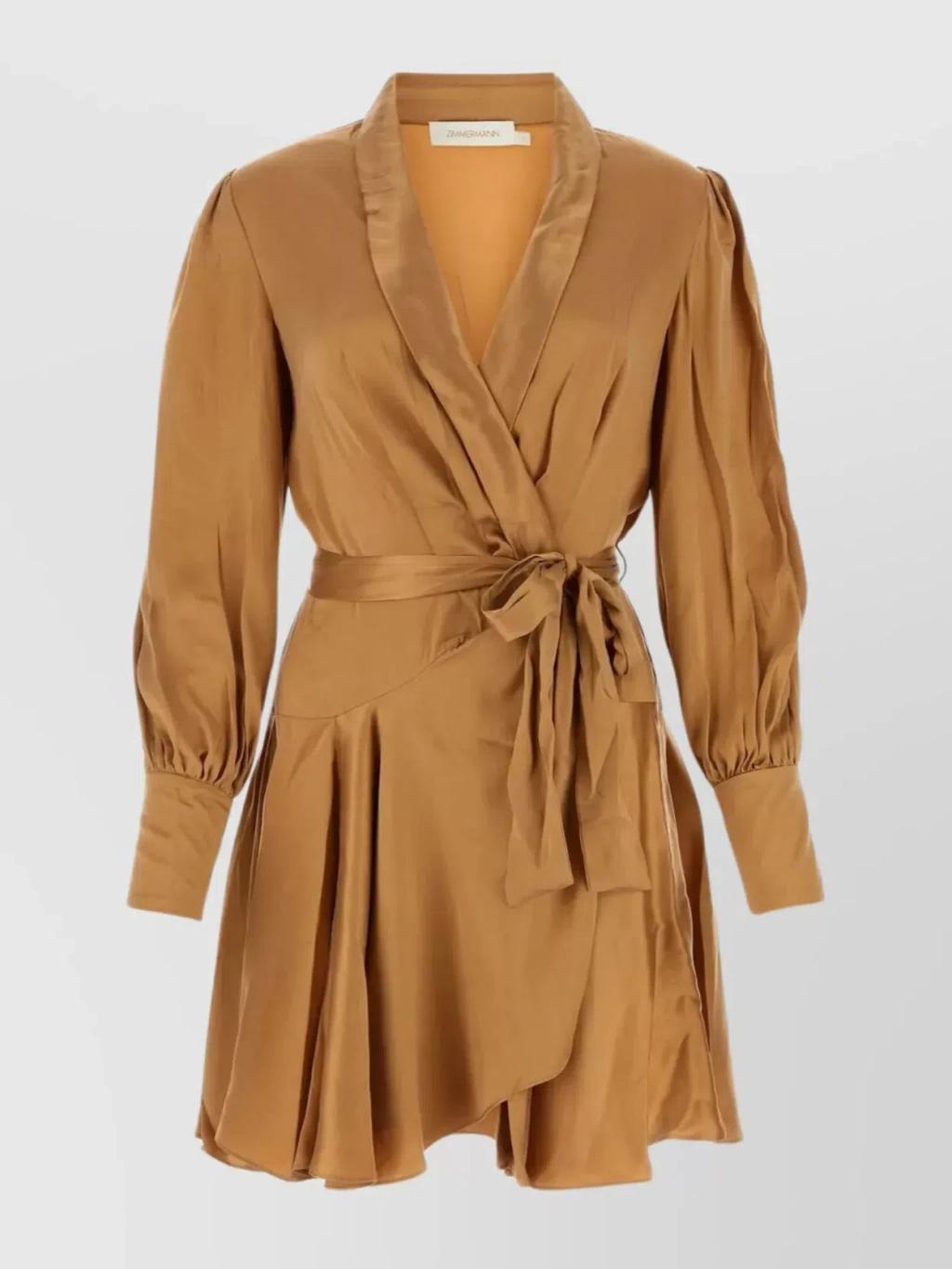 Long-sleeve Wrap Silk Minidress In Sand product image