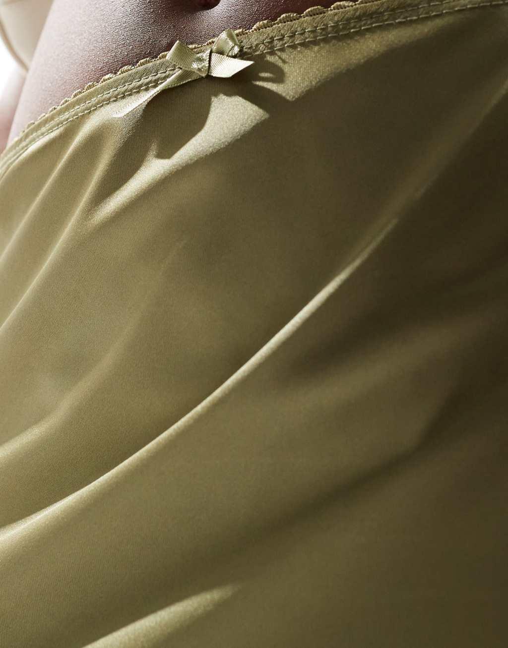 Miss Selfridge satin trim detail bias maxi skirt in khaki Product Image