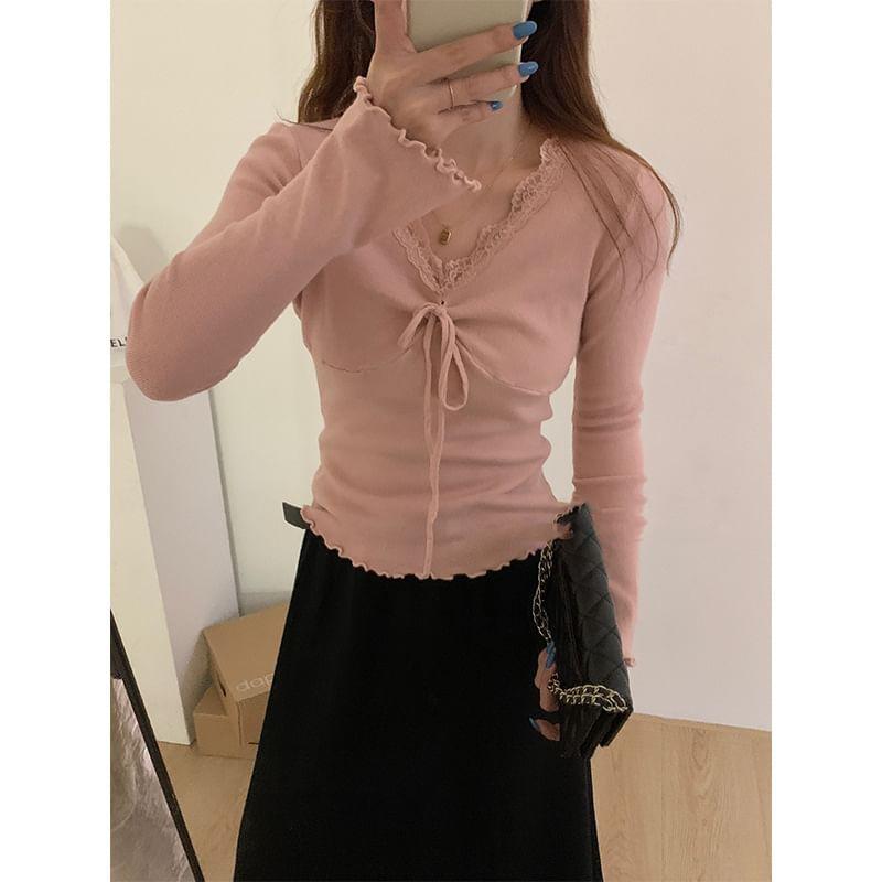 Long-Sleeve V-Neck Plain Bow Lettuce Edge Lace Trim Knit Top Product Image