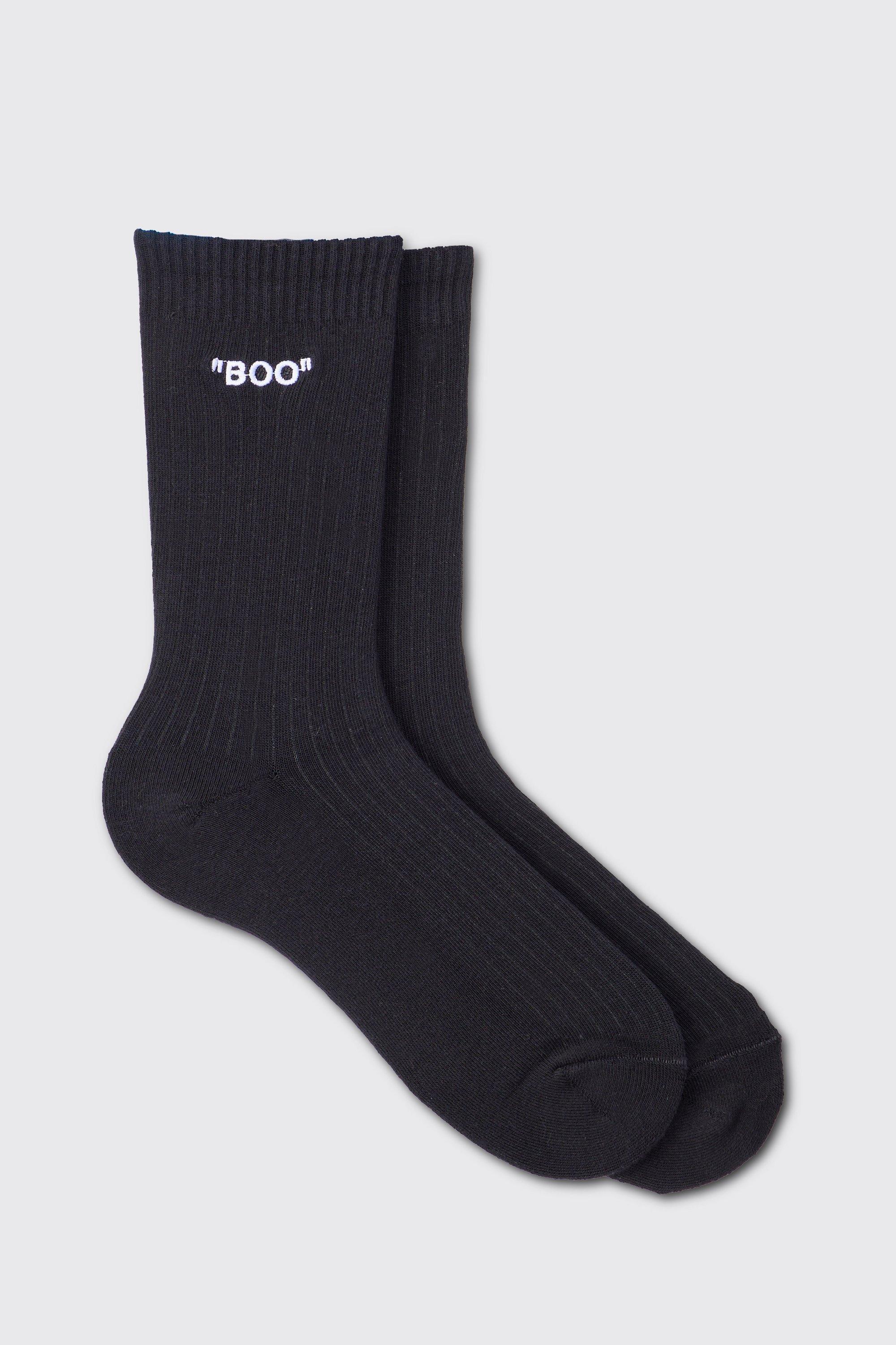 Mens Black Boo Embroidered Socks, Black Product Image