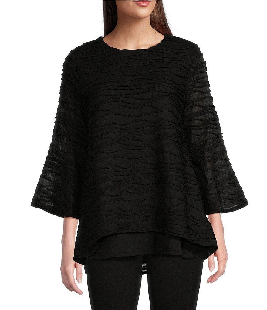 Calessa Petite Size Textured Wave High-Low Knit Scoop Neck Bracelet Sleeve Double Layered Hem Tunic Product Image