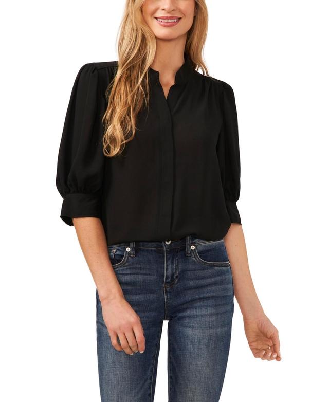 Women's Elbow Sleeve Collared Button Down Blouse Product Image